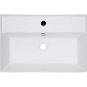 Rechteckiges Aufsatzwaschbecken aus Keramik, weiß, mit Hahnloch und Überlauf.