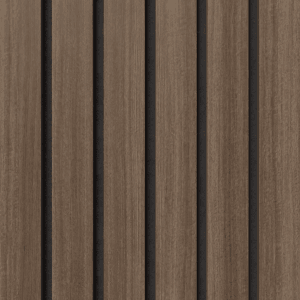 Denpanels Akustikpaneel in Walnussoptik, foliert, für Schallabsorption und modernes Design.