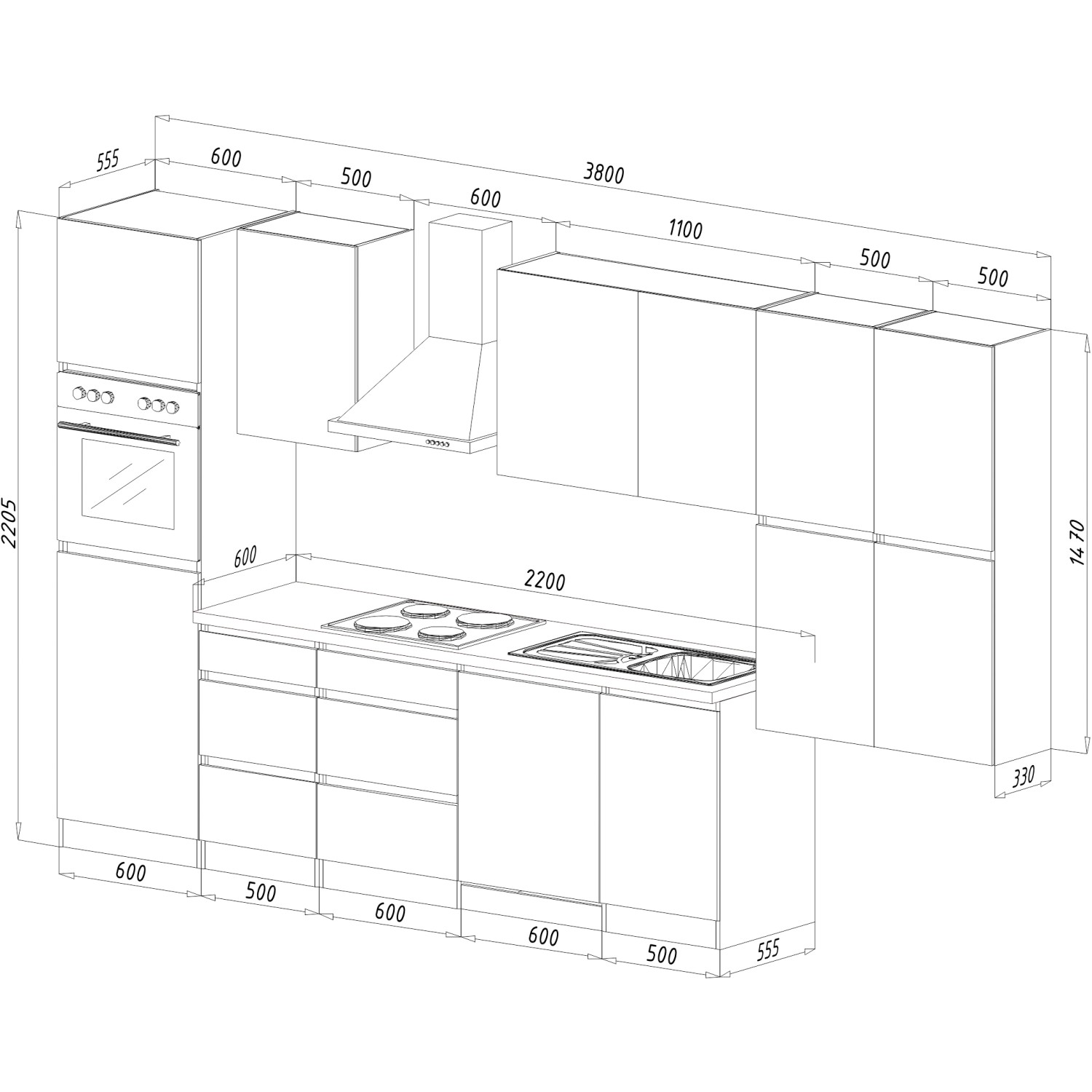 Respekta Premium Küchenzeile 380cm, Schwarz/Eiche NB, grifflos, mit E-Geräten.