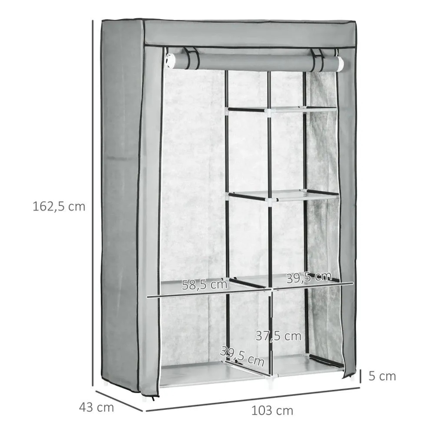 HOMCOM faltbarer Kleiderschrank, grau, mit offener Front, Kleiderstange und 6 Fächern. Maße 103x43x162,5cm.