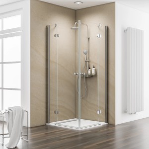Schulte ExpressPlus Eckeinstieg MasterClass, 90x90 cm, Chromoptik. Rahmenlose Duschkabine mit Echtglas.