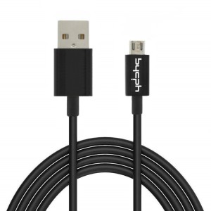 Schwarzes USB 2.0 Ladekabel mit Micro-USB Anschluss, 2 m Länge.