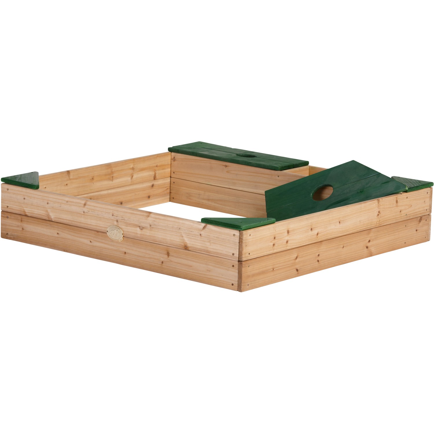 Axi Sandkasten Amy aus FSC®-Holz mit Stauraum und grünen Deckeln, 115x115 cm.
