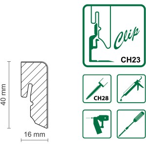 Profilzeichnung FN Neuhofer Sockelleiste SU047L Eiche, 16x40 mm, mit Clip-Montage Symbolen.