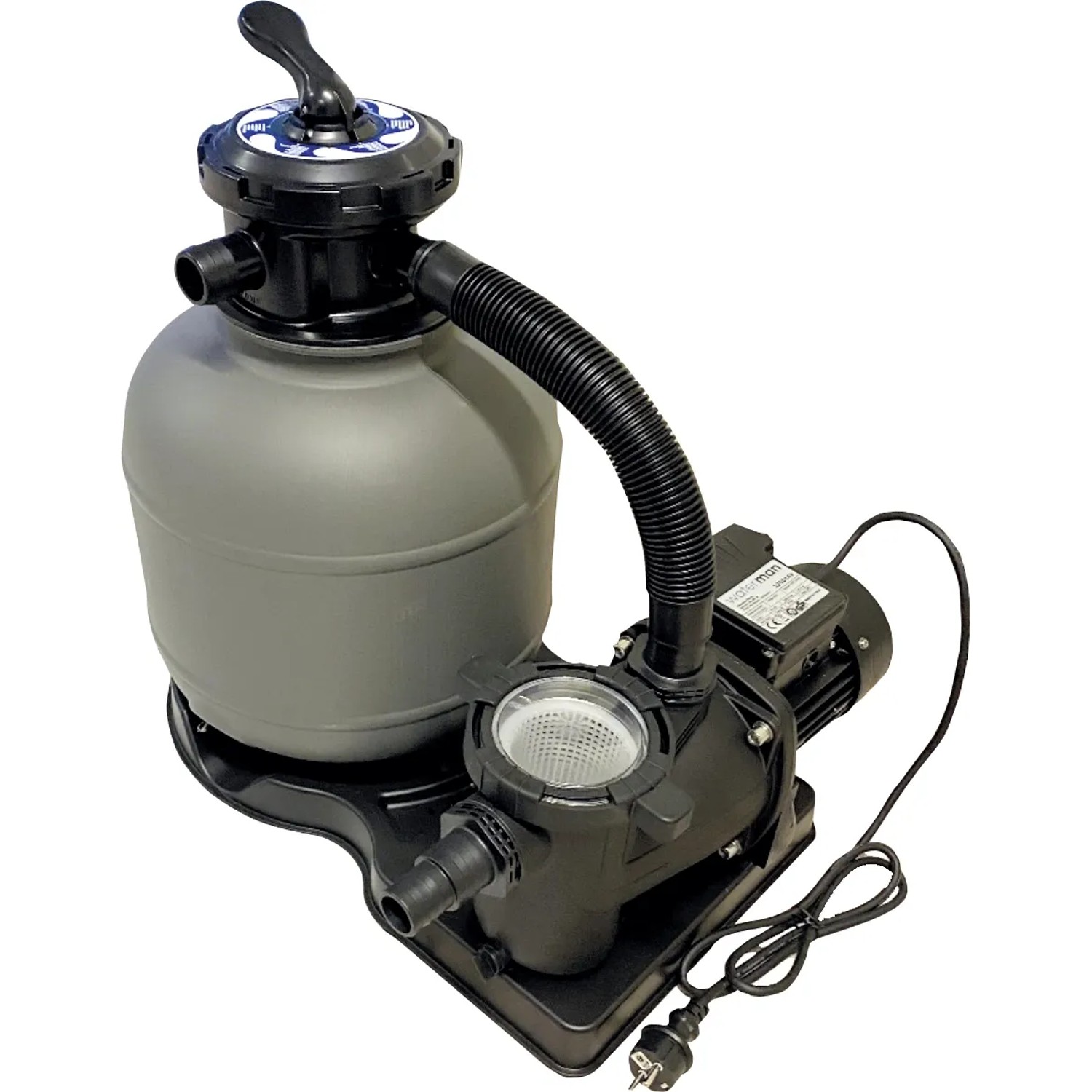 Sandfilteranlage für Chemoform Stahlwandpool Set, Pumpe und Filterkessel auf schwarzer Grundplatte.