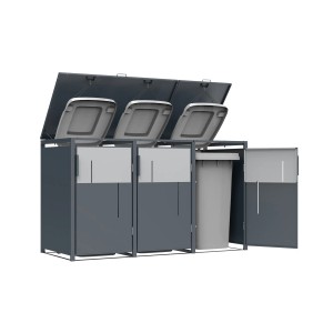Westmann Mülltonnenbox Tonus 3 in Anthrazit für drei 240L Tonnen, mit geöffneten Deckeln.