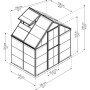 Skizze des Palram Canopia Gewächshauses (2,3 m²) in Grau mit Maßangaben.
