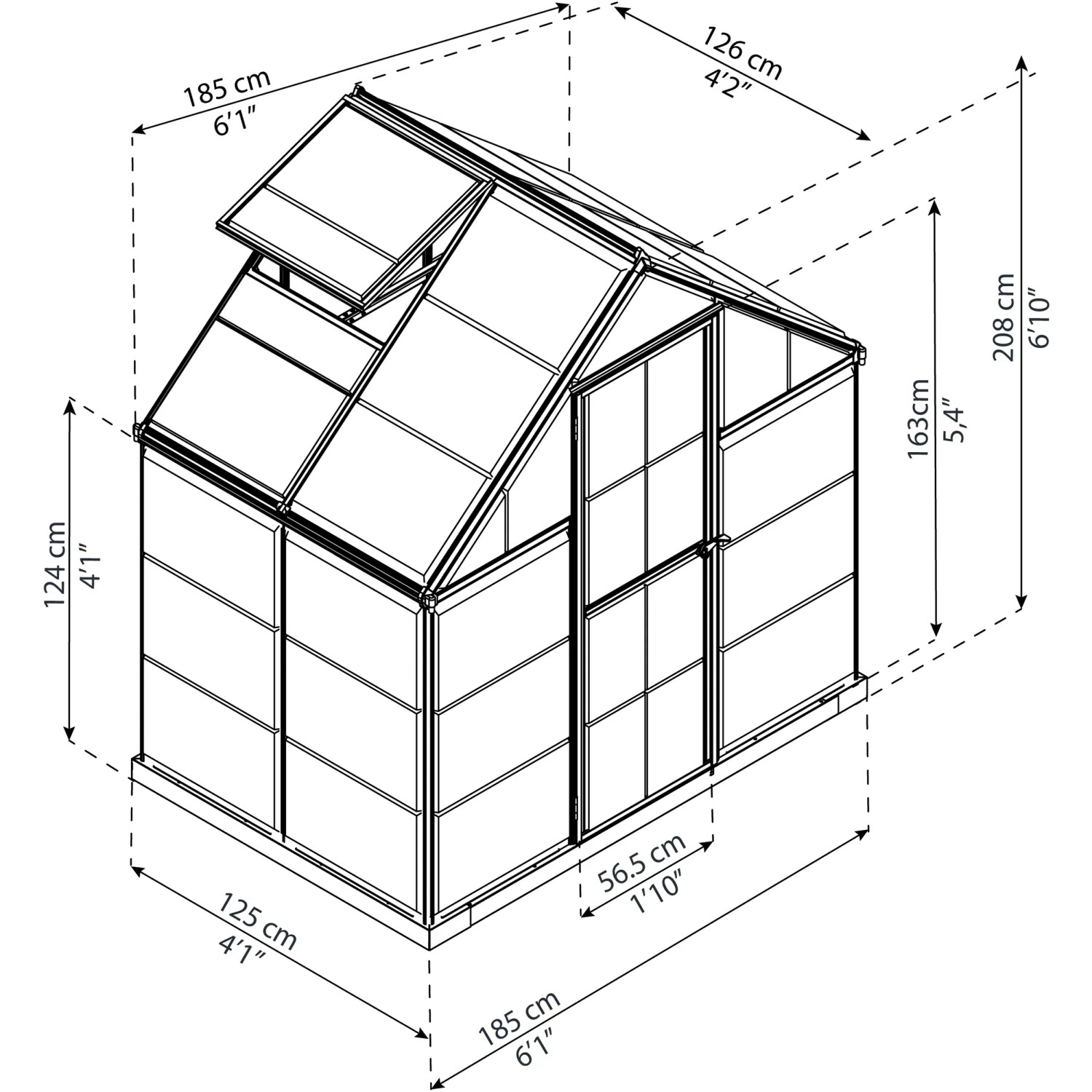 Skizze des Palram Canopia Gewächshauses (2,3 m²) in Grau mit Maßangaben.