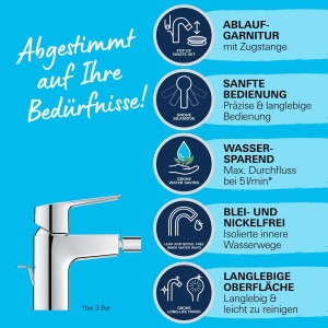 Grohe QuickFix Bidetarmatur Start, Chrom, mit Energiesparfunktion und Hinweisen zu Produkteigenschaften.