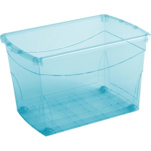 Transparente, blaue Aufbewahrungsbox Home XL mit Rollen.