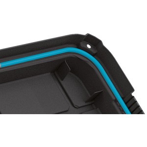 Detailaufnahme: Schwarze Scuba Aufbewahrungsbox L mit blauem Silikonring im Deckel.