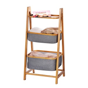 Wenko Haushaltsregal Bahari aus Bambus mit 2 grauen Körben und Ablage.