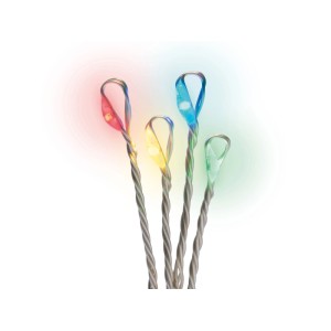 Detailansicht mehrfarbiger LED-Lichterkette: Leuchtende LEDs in Rot, Gelb, Blau, Grün an transparenten Kabeln.