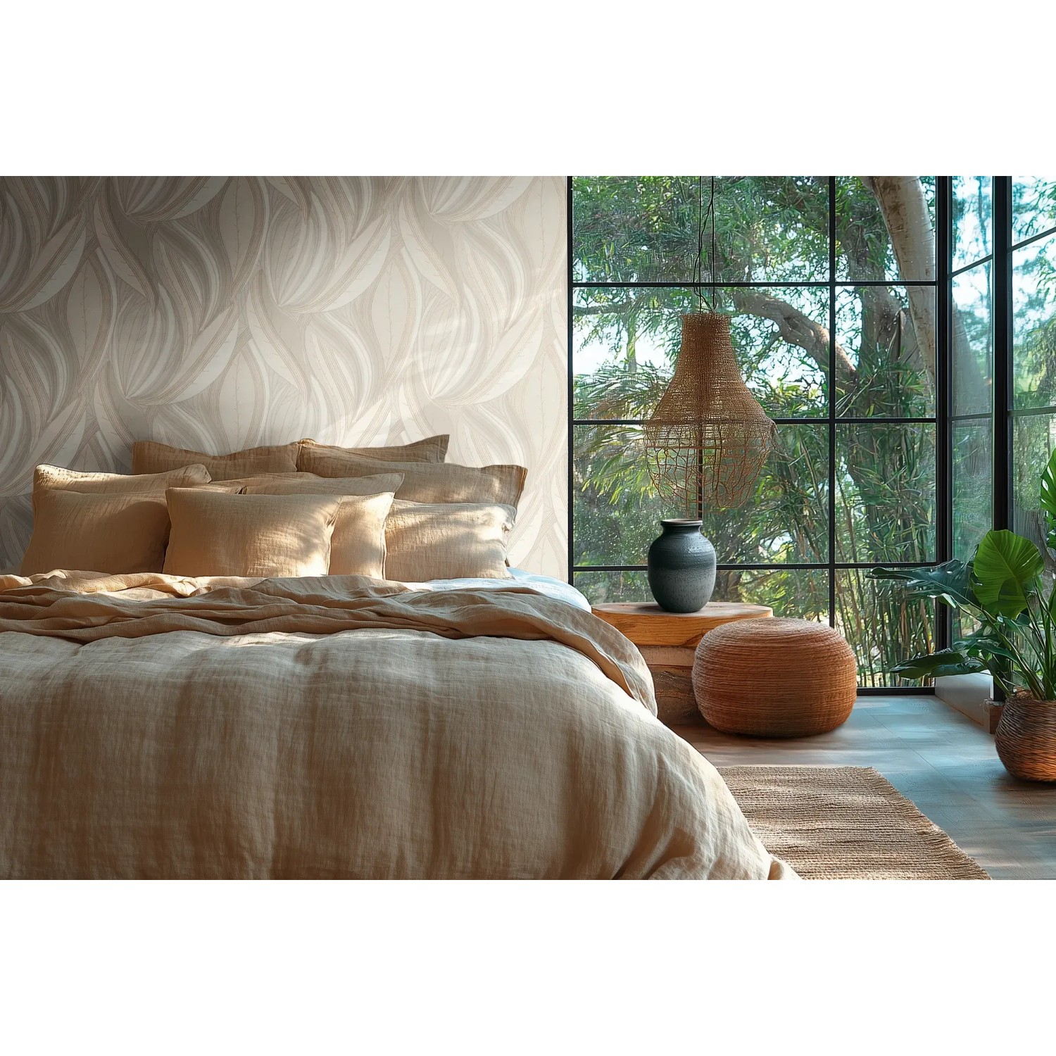 Schlafzimmer mit A.S. Creation Vliestapete Blätter Floral in Creme-Weiß. Dekorative Tapete mit Blätter-Motiv.