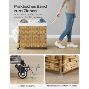 Naturfarbener Songmics Wäschekorb mit Deckel, Rädern und Zugband. Details zu Rollen und Füßen.