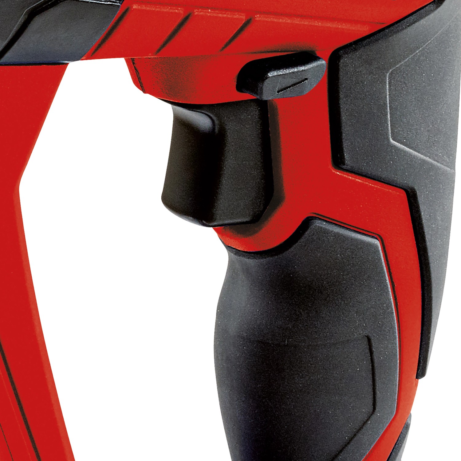 Detailaufnahme: Einhell Akku-Bohrhammer TE-HD 18 Li-Solo, rot/schwarz, Griff und Bedienelemente.