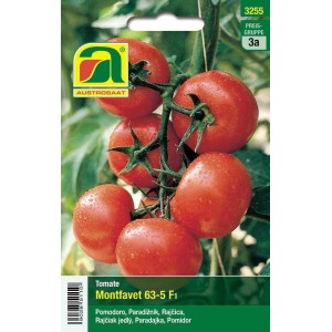 Saatgutpackung Tomate Montfavet 63-5 F1 von Austrosaat mit reifen, roten Tomaten am Strauch.