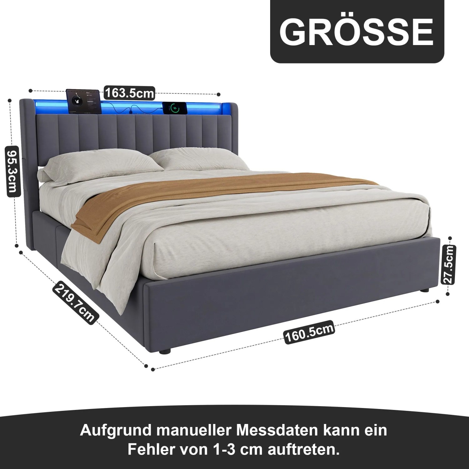 okwish Polsterbett mit Bettkasten LED-Licht Jugendzimmer 160x200cm Grau_4