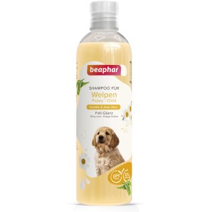Beaphar Welpen Shampoo 250ml für glänzendes Fell und empfindliche Haut mit Kamille und Aloe Vera.