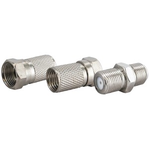 Schwaiger F-Verbinder und Stecker Set für Koaxialkabel, silberfarben, bestehend aus 2 F-Steckern und 1 F-Verbinder.