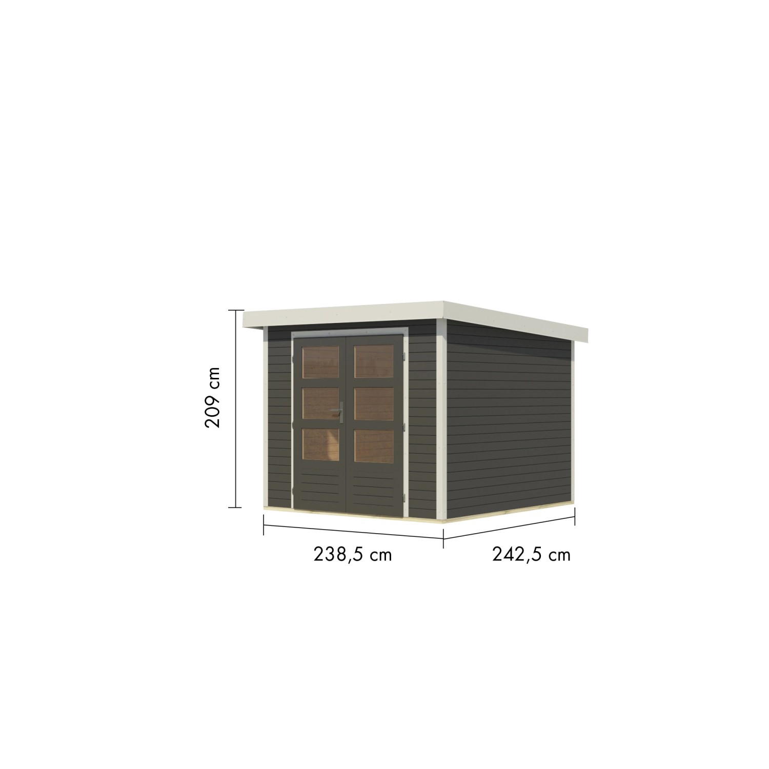 Karibu Gartenhaus Diego 3,5 B in Terragrau/Weiß, 209x238x242 cm. Holz-Gartenhaus mit Doppeltür.