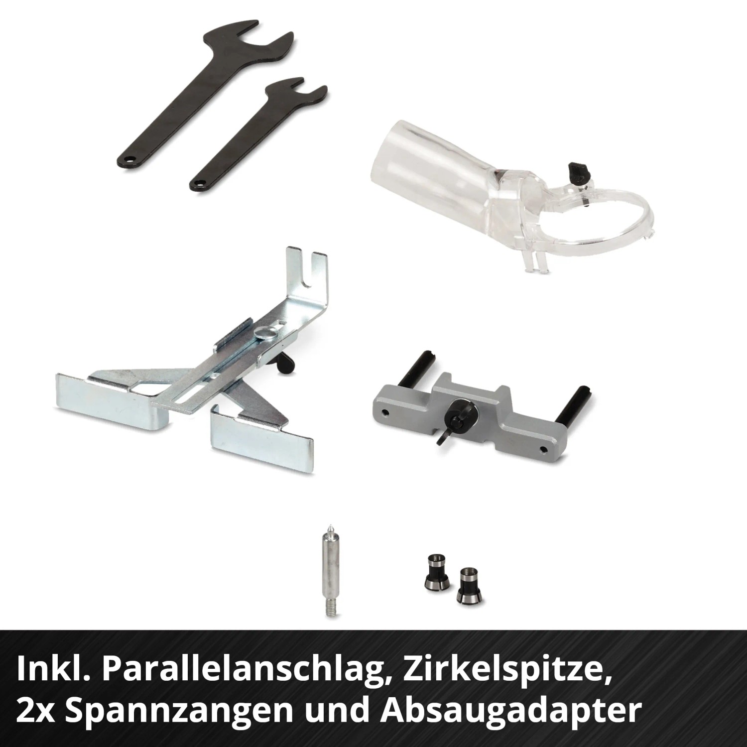 Zubehör für Einhell Akku-Oberfräse: Parallelanschlag, Zirkelspitze, Spannzangen, Absaugadapter, Werkzeug.