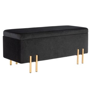 Schwarze Samt Sitzbank mit Stauraum und goldenen Metallfüßen. Polsterbank für Flur, Wohn- oder Schlafzimmer.