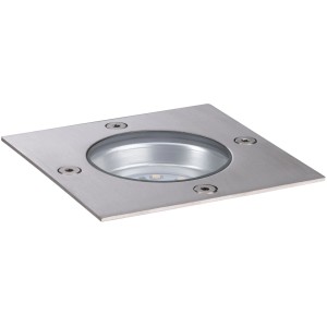 Eckige Paulmann Plug & Shine Bodeneinbauleuchte aus Edelstahl für Außenbereiche mit warmweißem Licht.