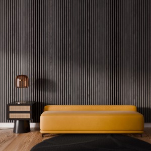 Akustikpaneel Eiche geräuchert auf schwarzem Filz als Wandverkleidung, mit Sofa und Tisch.