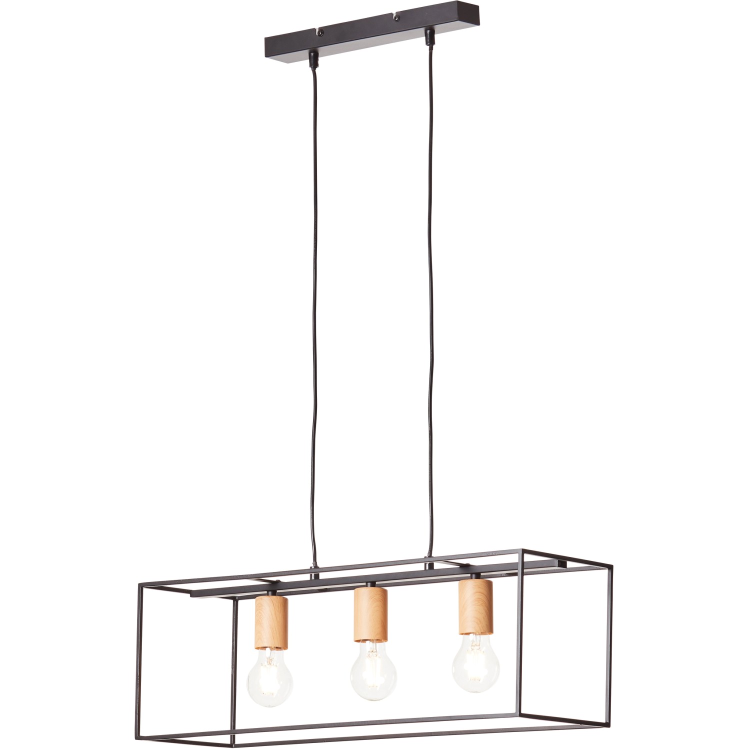 Schwarze, 3-flammige Pendelleuchte Arica mit Holzdetails für den Innenbereich.