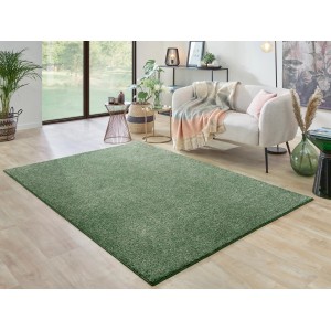 Grüner Kurzflorteppich „Vital“ (115x170 cm) im Wohnzimmer.