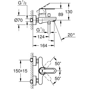 Technische Zeichnung: Grohe QuickFix Wannenarmatur Get Chrom mit Maßen.