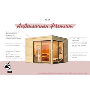 Naturbelassenes Karibu Saunahaus Cubulis 1 aus Fichte, 308x308x226cm. Inkl. Tür und Fenster.