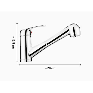 baliv Küchenarmatur KI-5091 Chrom, Einhebelmischer mit schwenkbarem Auslauf und Maßangaben.