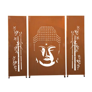 Ferrum Art Sichtschutzwand Buddha Rost, 3-teilig, mit Buddha-Motiv und Bambus, für Garten & Terrasse.