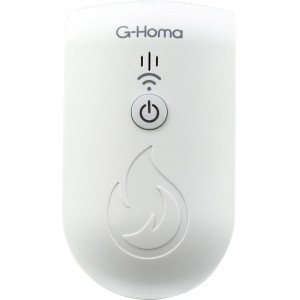 Weißer WiFi Rauchmelder Verstärker von G-Homa mit Power-Button und WLAN-Symbol.