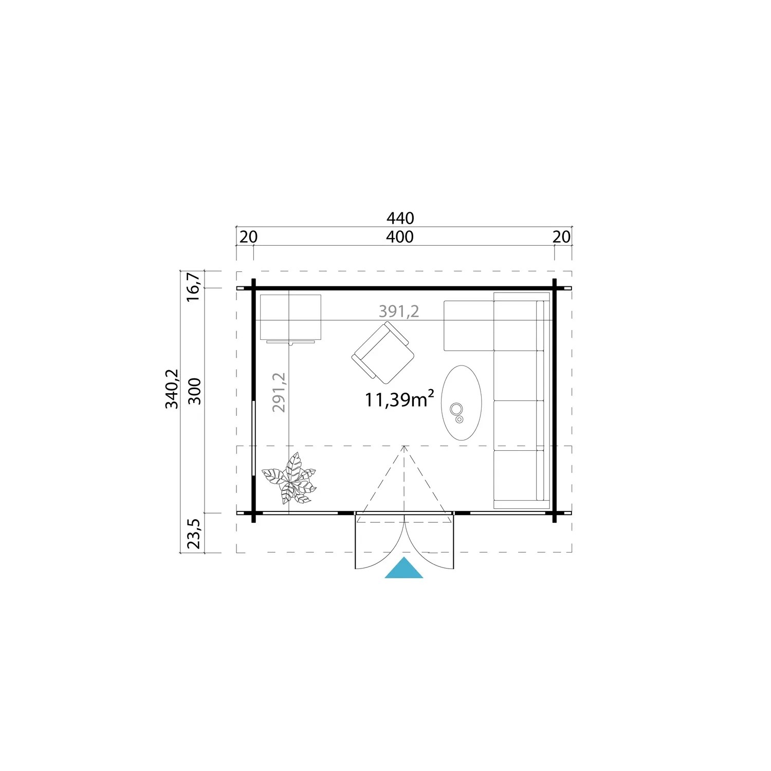 Grundriss Gartenhaus Windsor 44, 400x300 cm, lichtgrau, mit Möblierung und Bemaßung.
