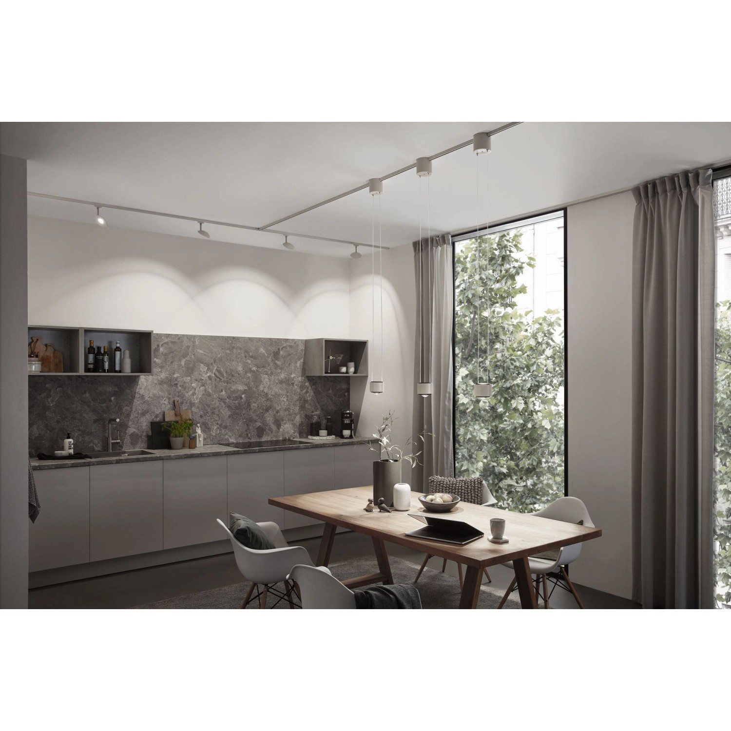 Weißes Paulmann Urail Schienensystem (2,30 m) im modernen Küchenambiente.