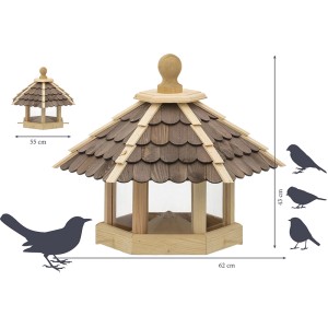 Dobar Vogelhaus mit Holzschindeln und integriertem Futtersilo aus Acrylglas.