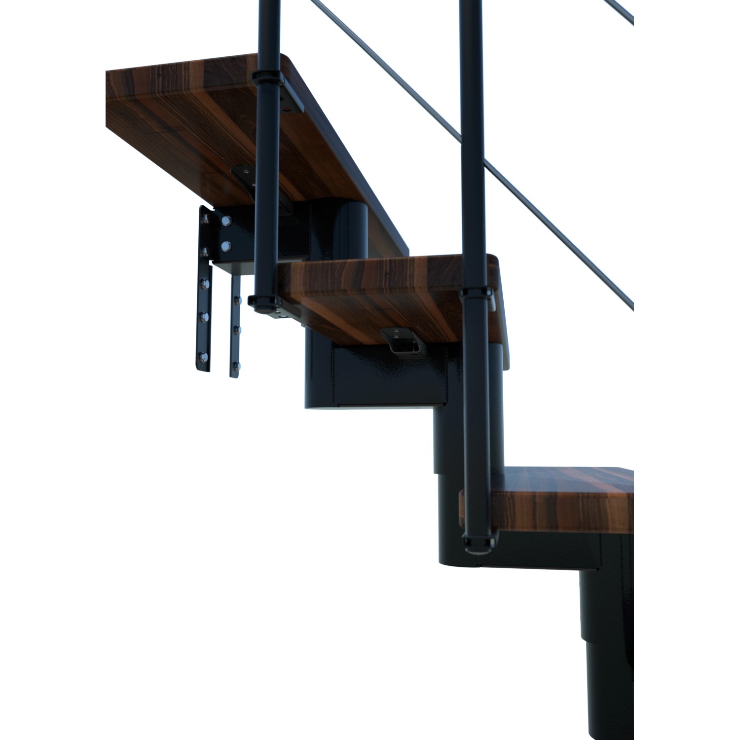 Detailansicht der Minka Mittelholmtreppe Comfort Top in Walnuss/Schwarz. Innentreppe mit Holzstufen und schwarzem Geländer.