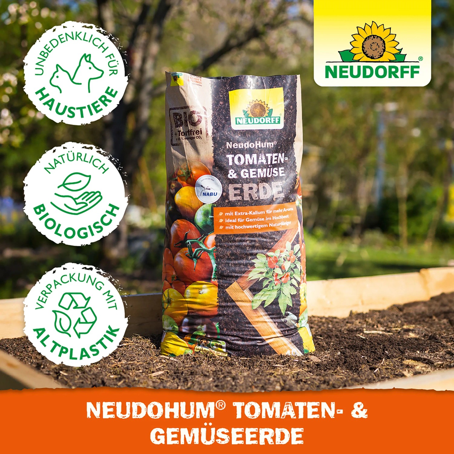 Sack Neudorff Neudohum Tomaten- und Gemüseerde 20 l im Beet. Torffreie Bio-Erde für Tomaten, Gemüse.