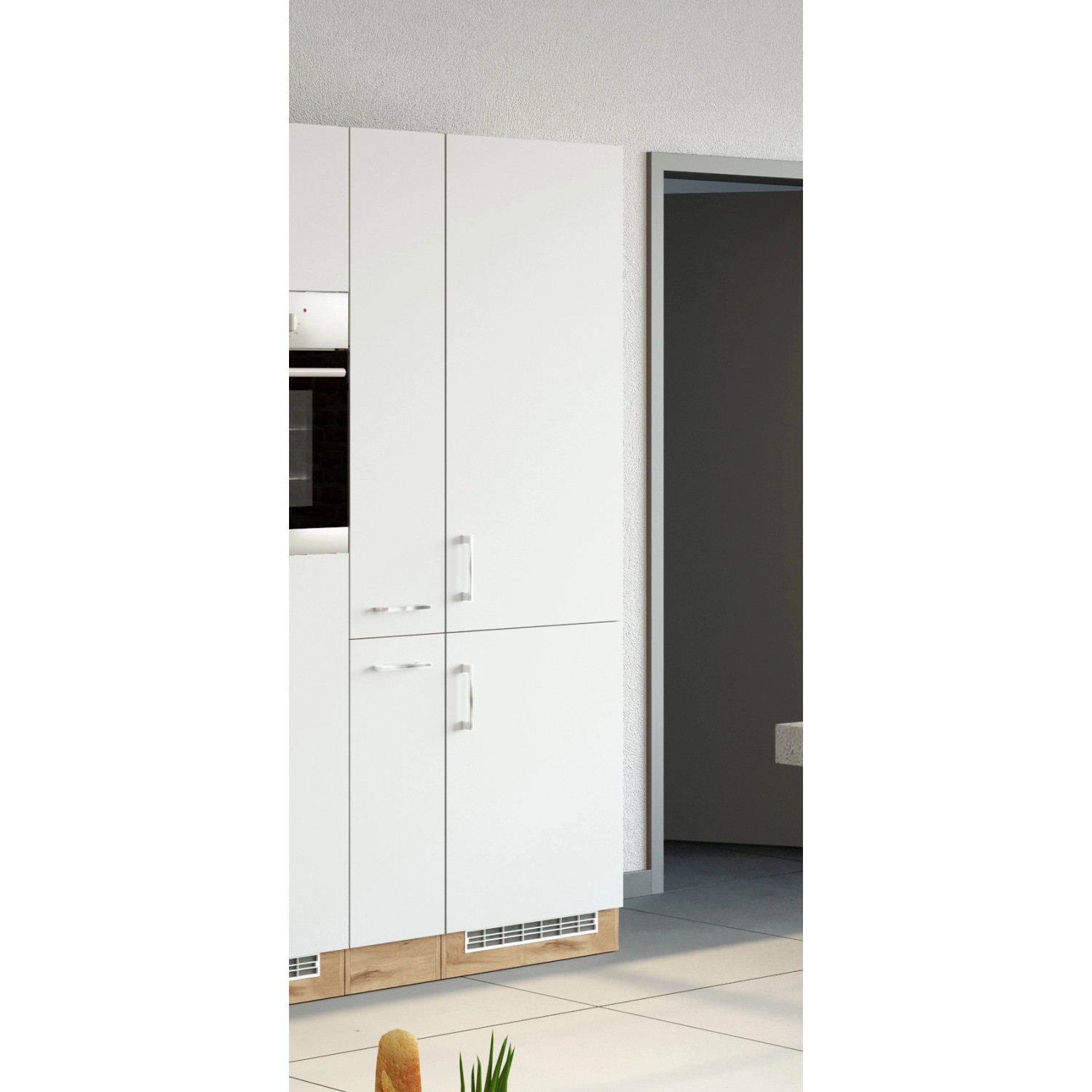 Weißer Held Möbel Kühl-Gefrierschrankumbau Sorrento, 60x200x60 cm, mit Wotanei-Akzent.