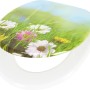 WC-Sitz Surumu mit Blumenwiese Dekor auf Holzkern, weiße Brille.