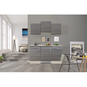 Flex-Well Singleküche Pinea 150 cm, Pinie Nougat/Champagner, mit Kühlschrank, Kochfeld und Spüle.