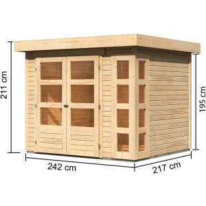 Karibu Holz-Gartenhaus Sölve, naturbelassen, mit Flachdach und Maßangaben.