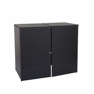 Schwarze MCW Mülltonnenverkleidung E25 für zwei 120-Liter-Tonnen, Poly-Rattan, mit Tür und Klappdeckel.
