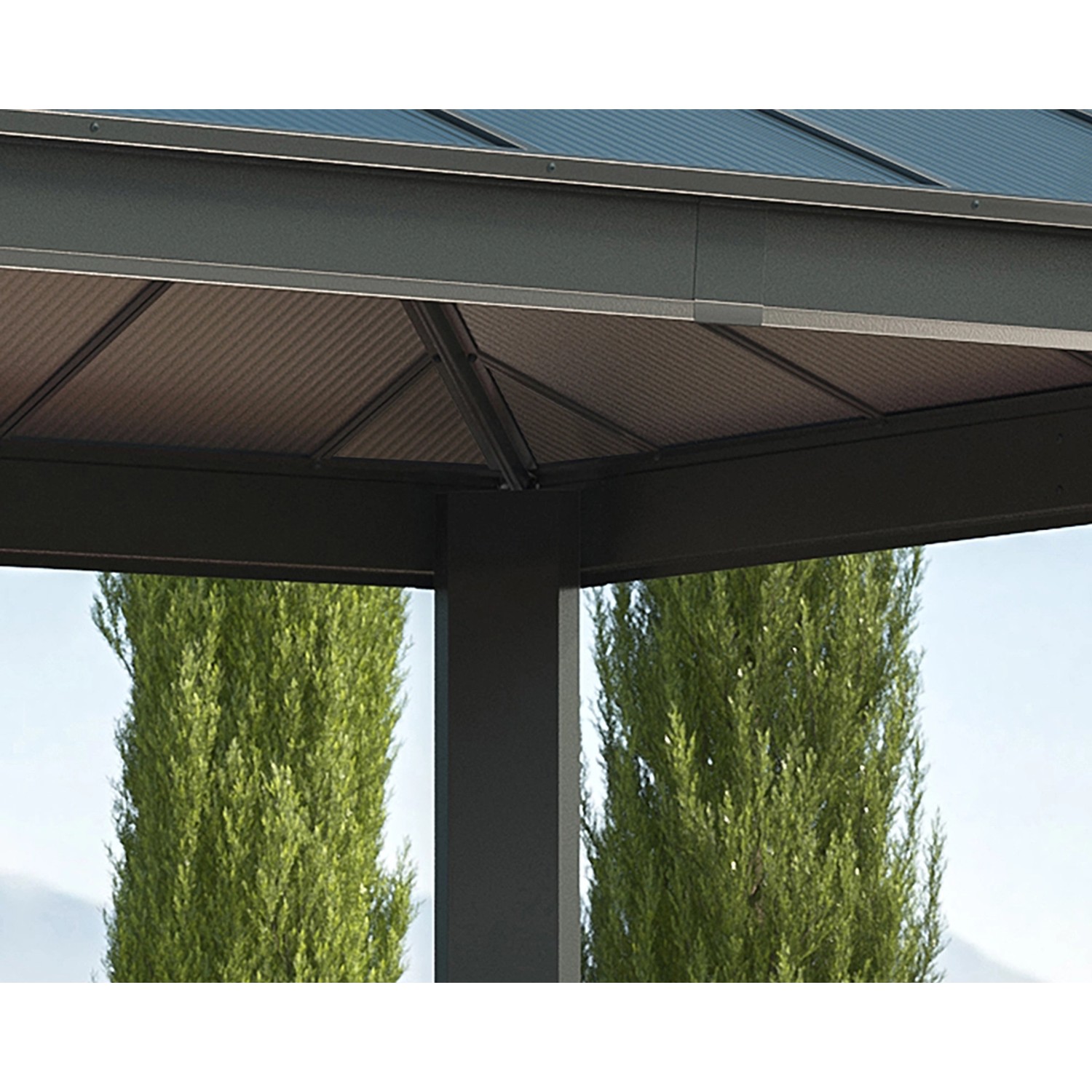 Detailansicht des anthrazitfarbenen Palram Canopia Dallas Gartenpavillons mit Polycarbonat-Paneelen.