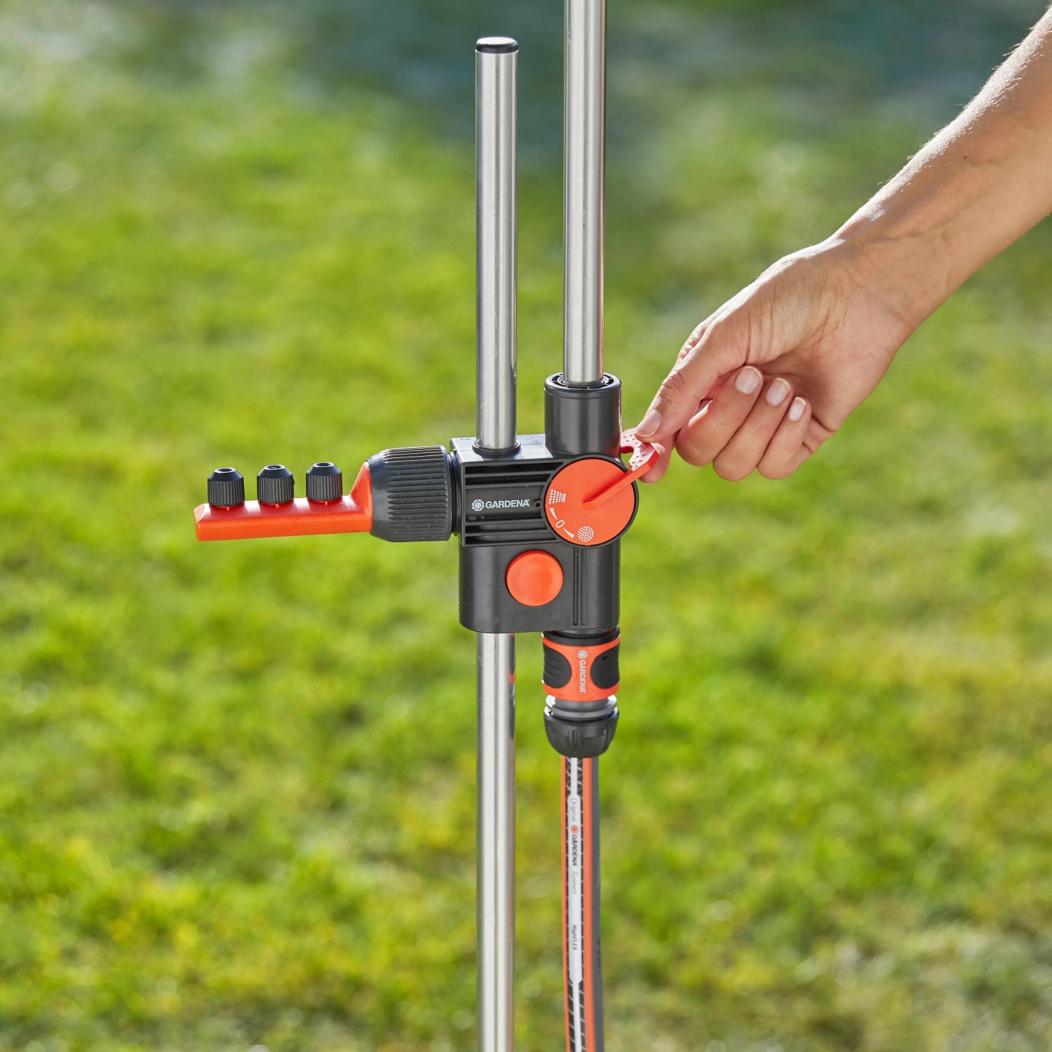 Gardena Gartendusche Duo mit Hand, die Strahl reguliert. Outdoor Dusche mit zwei Strahlformen.