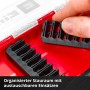 Einhell Bit-Set XS-Case: Rote Box mit Bit-Haltereinsätzen für Schraubenzieher Bits.