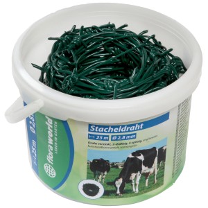Floraworld Stacheldraht, 25m, grün, kunststoffummantelt im Eimer. Ideal für Zäune und zur Tierabwehr.